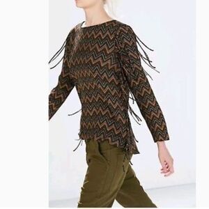 Zara Fringe Aztec Zig Zag Long Sleeve Blouse Small